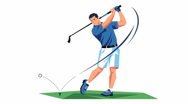 A man in a blue shirt and white shorts executing a powerful golf swing on a green course, with the golf ball in mid-flight after being struck.