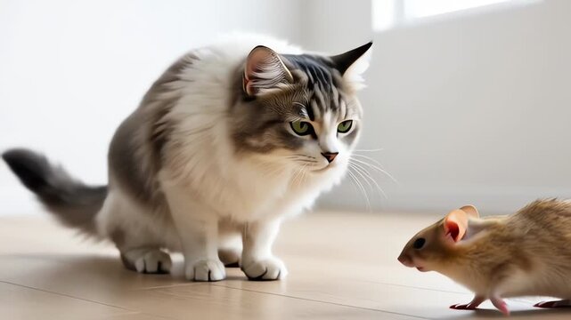 Cat and mouse face to face.