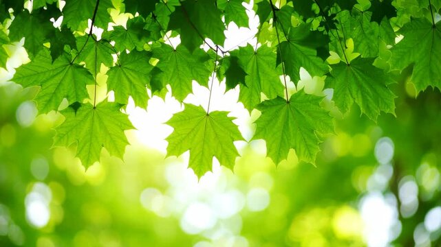 Lush green maple leaves hanging in the bright sunlight with a soft bokeh forest background during spring