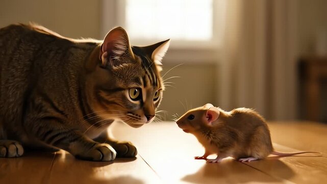 Curious cat and tiny mouse interaction.