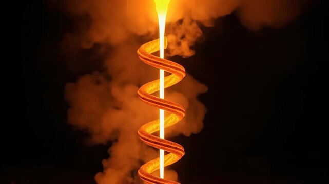 Molten metal poured in spiral shape against a dark background industrial process