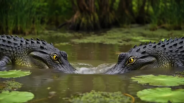Two crocodiles in a swampy environment.