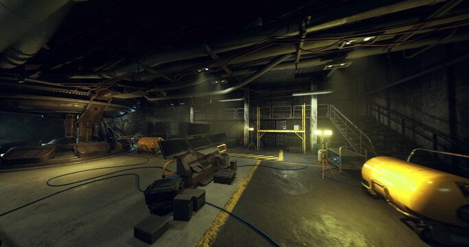 industrial workshop bay with heavy machinery, scattered tools, overhead lights, cluttered workstations, oil stains on concrete, welding rig and crates, active