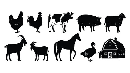 Black silhouettes of various farm animals and a barn on white background including chicken rooster cow pig sheep goat lamb horse and goose © Ajoy