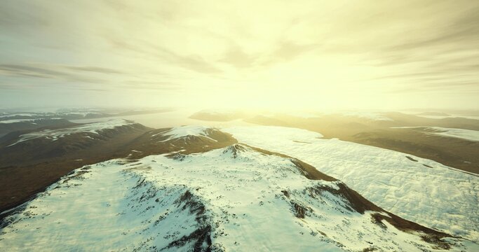 soft sunrise over icy plateau, glaciologist monitoring melt patterns from drone perspective, extensive frozen plain with subtle golden glow, crisp cold