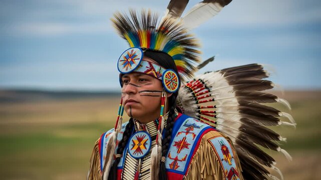 Native American Man in Traditional Regalia Posing Outdoors.