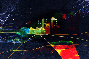 Ilustracja grafika ciemna noc osiedle domów rozświetlone dróżki abstrakcja. © Monika