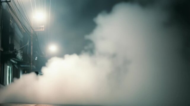 Dense white fog envelops a deserted urban street at night, creating a mysterious and cinematic atmosphere. Streetlights and buildings fade into the thick mist, evoking suspense