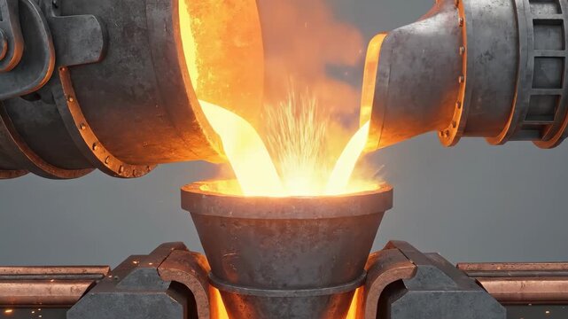Molten metal pouring into mold in industrial process