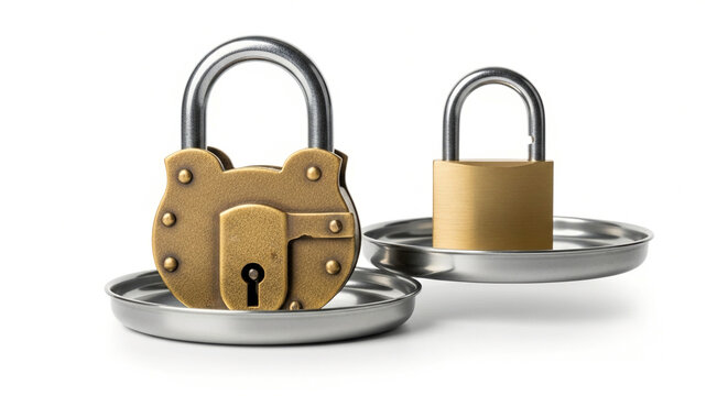 Two gold padlocks on silver rings, security concept
