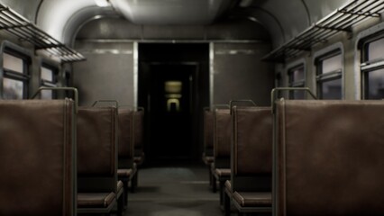 A quiet train car features worn brown seats and metal handles. The dim lighting creates a calm atmosphere as night falls, inviting thoughts and reflections during travel. © icetray