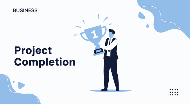 Businessman holding trophy, celebrating project completion and success