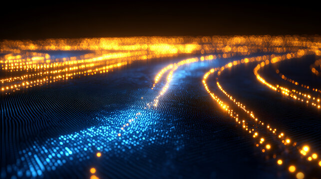 Hochgeschwindigkeits-Datenfluss: Abstrakte Visualisierung von Glasfaser-Netzwerken und digitaler Konnektivit&auml;t in Gold und Blau