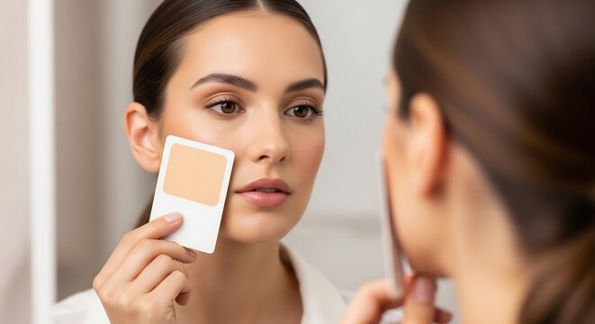 Young Woman Applying Foundation with a Puff in Front of a Mirror.