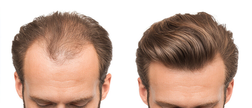 Before and after comparison of a man's hair shows a dramatic change from thinning to thick, healthy locks, emphasizing hair restoration success