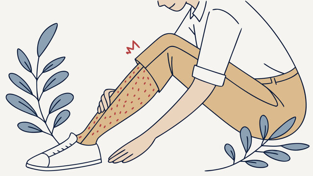 Man scratching his leg due to an allergic reaction or insect bites.