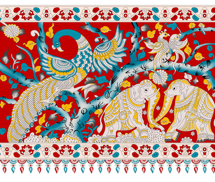 Traditional Indian Folk Art Peacock and Elephant Textile Pattern, Decorative Saree Border Design
