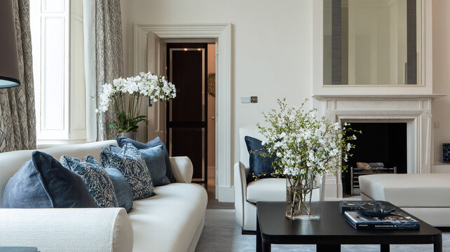 Living room showing a white sofa with blue decorative pillows, a large white orchid, and a stylish black coffee table with books