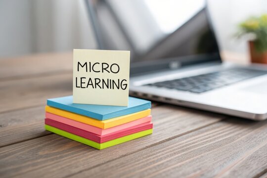 "MICRO LEARNING" text on a sticky note with colorful stack and laptop on wooden desk