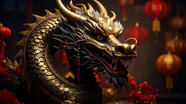 Ornate golden dragon head sculpture with traditional red lanterns and spring festival decorations in festive background