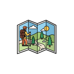 Hiker with Backpack Exploring Nature Landscape Inside a Folded Map Vector Illustration