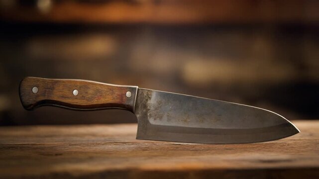 A sharp stainless steel kitchen knife with a metallic blade and black handle lies on a rustic wooden table as an essential tool for cutting meat and food