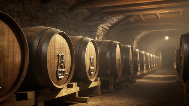 Vintage oak casks and wooden barrels store aging wine inside a rustic stone cellar at a traditional vineyard winery