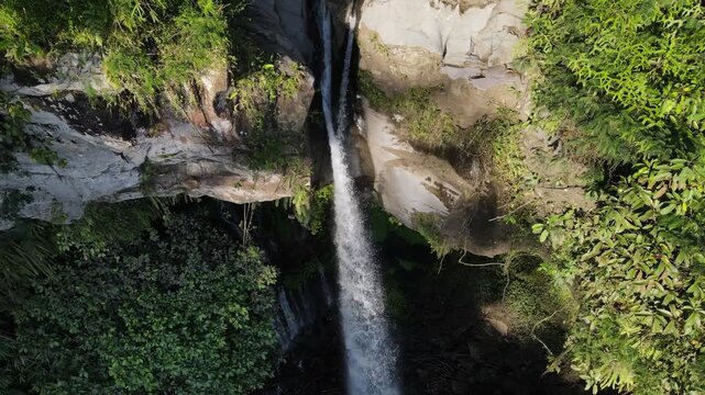 Drone Footage of Curug Telu Waterfall at Sunset, Central Java Indonesia