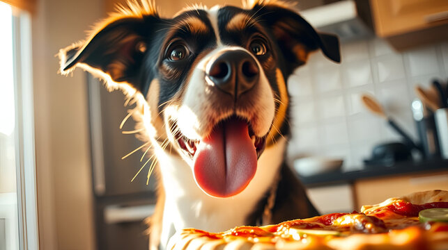 Golden light drapes a playful dog's face, tongue lolling in anticipation, as it ogles a tantalizing pizza slice, kitchen utensils blurred in the background.