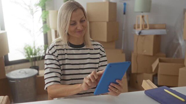 Woman tapping blue tablet with right hand, smiling amid stacked cardboard boxes and packing supplies in building; planning calm organization.