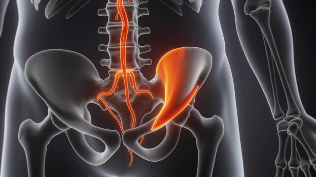 Anatomical 3D Rendering of Human Lumbar Spine and Pelvis with Highlighted Sciatic Nerve Pathways.