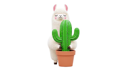 Fototapeta premium Cute Cartoon Llama Hugging a Potted Cactus
