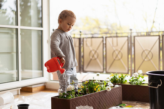 Cutle little girl watering flowers at home