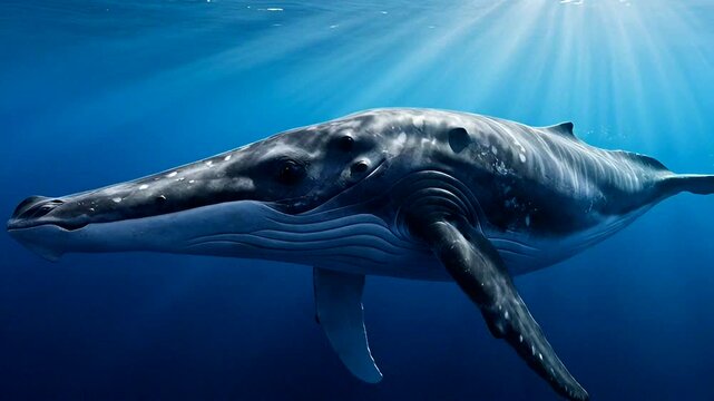 Majestic whale swims gracefully underwater with sunbeams streaming through clear blue ocean water.