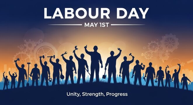 Labour Day May 1st celebration with silhouette of diverse workers holding tools against a vibrant orange and blue sky, symbolizing unity, strength, and progress for international labor movement.