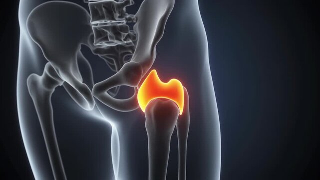 3D Medical Animation of Human Hip Joint Anatomy with Highlighted Inflammation.