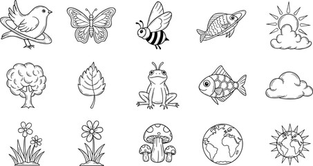 Collection of hand-drawn nature elements including trees, flowers, mushrooms, and animals
