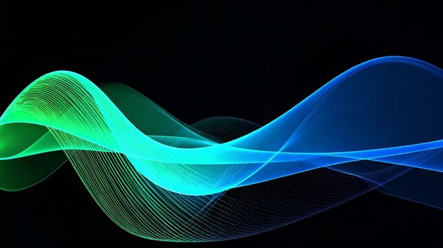 Abstract glowing green and blue light waves flowing across a black background in a graceful digital motion