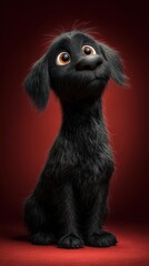 Obraz premium Cartoon Black Dog Character Sitting on Dark Background.