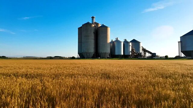 A scenic view of silos amidst a golden wheat field under a clear blue sky.