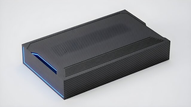 Modern matte black rectangular technology packaging box with ventilation design, sleek electronic product container isolated on white background.