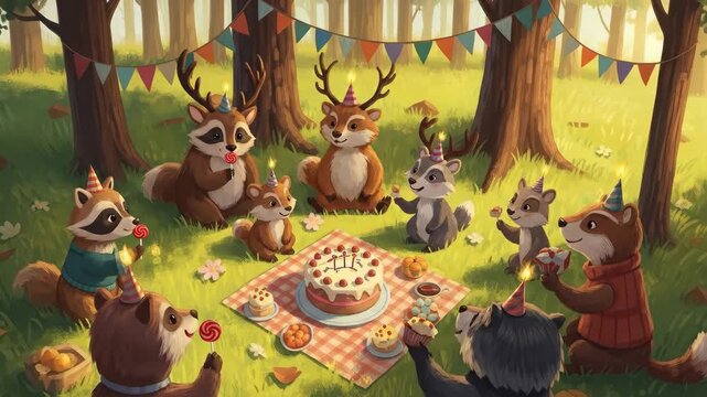 Animated forest gathering with festive decorations and birthday celebration