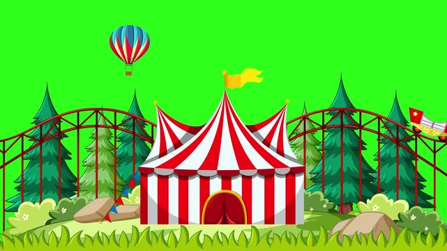 Cartoon Amusement Park with Roller Coaster and Circus Tent on Green Screen