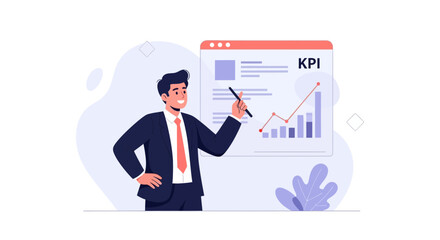 Obraz premium Businessman presenting KPI chart with rising graph and bar chart on screen
