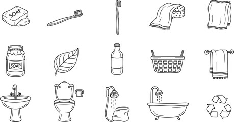 Collection of eco-friendly cleaning supplies and tools in a doodle art style