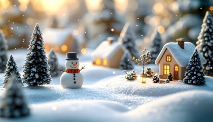 Naklejka premium Charming miniature snowman stands proudly in a serene, snow-covered village scene with cozy, illuminated houses and frosted pine trees, evoking a warm, festive holiday mood