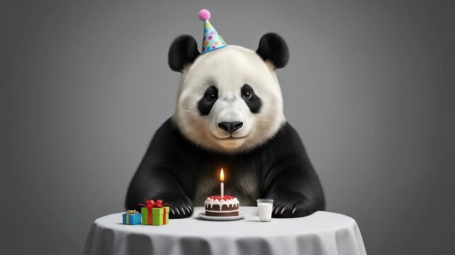 Animated panda celebrating birthday with cake and presents