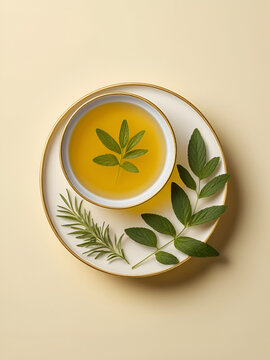 probity. A single bowl of golden consomme with a delicate herb leaf, minimalist and pure. menu design, packaging mockups, designed for food delivery and cloud-kitchen brand materials.