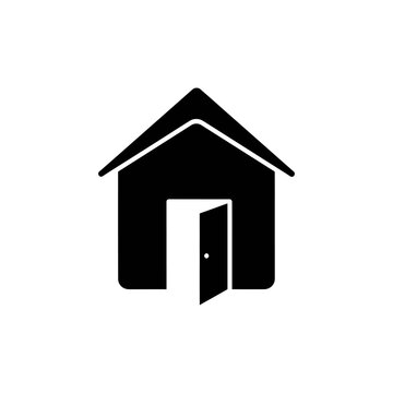 Minimalist Black House Icon with Open Door Symbol