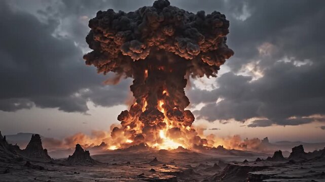 Massive Nuclear Explosion Mushroom Cloud, Post-Apocalyptic Landscape